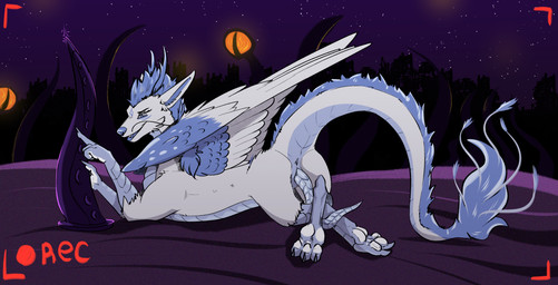 animal_genitalia animal_penis anthro camera_view erection feathered_wings feathers feet fingers genitals horn lying male night nude on_front outside penis prehensile_penis recording smile solo tapering_penis tentacles toes wings zafara_(artist) mythology dragon mythological_creature mythological_scalie scalie digital_media_(artwork) hi_res