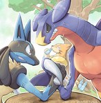 2021 angry anthro arm_wrestling being_watched beverage bodily_fluids bottle container eye_contact floatzel fur garchomp generation_4_pokemon group hi_res katkichi leaf looking_at_another lucario male nintendo plant pokemon pokemon_(species) red_eyes scalie signature sitting spikes spikes_(anatomy) sweat teeth tree tree_stump trio yellow_eyes