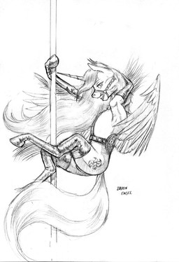 anthro bridle clothing cutie_mark dancing feathered_wings feathers female hooves horn looking_at_viewer pole pole_dancing solo wings baron_engel friendship_is_magic hasbro my_little_pony mythology princess_celestia_(mlp) equid equine mammal mythological_creature mythological_equine winged_unicorn graphite_(artwork) hi_res monochrome traditional_media_(artwork)
