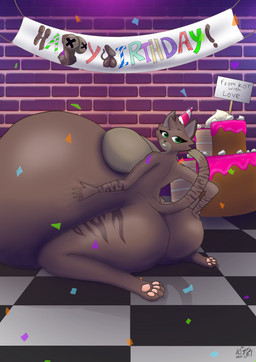 belly big_belly butt confetti female from_behind_position green_eyes huge_belly hyper hyper_belly looking_at_viewer looking_back sex sitting smile solo tail text foxicats officialcat theofficialcat absurd_res english_text hi_res
