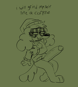 anthro balls beanie big_penis black_and_green clothed clothing facial_hair genitals gynomorph hat headgear headwear huge_penis intersex looking_at_viewer lyrics pantsless penis sitting solo sweater text tongue tongue_out topwear crazymazies mazie_(crazymazies) canid canine canis dachshund domestic_dog hunting_dog mammal absurd_res english_text hi_res monochrome trans_(lore) trans_woman_(lore)
