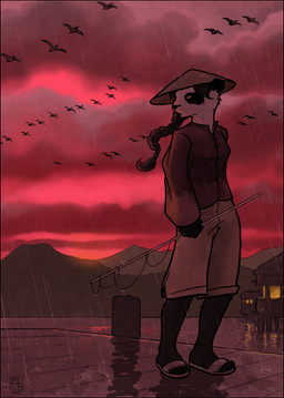 anthro biped black_body black_fur black_hair black_nose bottomwear clothed clothing cloud detailed_background female fishing fishing_rod footwear fur hair hat headgear headwear long_hair outside raining sandals shirt shoes shorts sky solo standing sunset toony topwear water white_body white_fur oce bear giant_panda mammal detailed