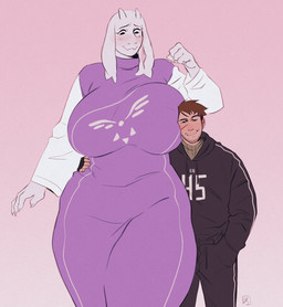 2_horns anthro big_breasts bottomwear breasts brown_hair clothed clothing dress duo eyebrows eyelashes female floppy_ears fully_clothed fur hair hoodie horn huge_breasts male mature_female pants purple_clothing purple_dress scar short_hair smile sweatpants thick_thighs topwear white_body white_fur wide_hips darkriallet undertale_(series) toriel boss_monster_(undertale) bovid caprine goat human mammal 2025 hi_res