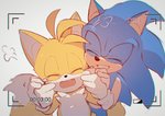 anthro blush clothing duo eyes_closed fur gloves handwear male open_mouth recording smile teeth c52278 sega sonic_the_hedgehog_(series) miles_prower sonic_the_hedgehog canid canine eulipotyphlan fox hedgehog mammal 2021 hi_res