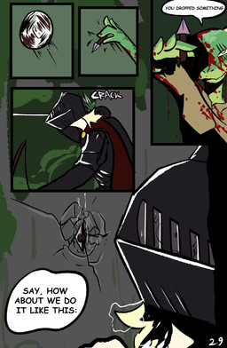 anthro arrow_(weapon) blood blood_on_arm blood_on_face bodily_fluids bow_(weapon) dialogue duo female green_body panicking ranged_weapon speech_bubble text weapon yellow_eyes brradett microsoft the_elder_scrolls lernie_(brradett) argonian human mammal scalie comic english_text hi_res