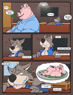 anthro blue_bottomwear blue_clothing blue_dress_shirt blue_shorts blue_topwear blue_vest blush blush_lines bodily_fluids bottomwear clothed clothed_anthro clothed_male clothing coffee_table collared_shirt dialogue dress_shirt drooling duo electronics eyewear fully_clothed fully_clothed_anthro fully_clothed_male fur furniture glasses grey_body grey_fur long_snout male nipples nude_anthro nude_male overweight overweight_anthro overweight_male partially_clothed_anthro partially_clothed_male pink_body saliva sharp_teeth shirt shorts smitten sniffing snout sofa speech_bubble teeth television text topwear vest wearing_glasses huttsergreywolf fairy_tales the_three_little_pigs big_bad_wolf canid canine canis domestic_pig mammal suid suine sus_(pig) wolf comic english_text hi_res