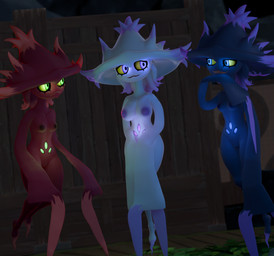 alternate_color big_breasts blue_body blue_clothing blue_eyes breast_size_difference breasts clothing covering covering_crotch covering_self embarrassed eyelashes eyeliner female floating genitals green_eyes group hat headgear headwear long_sleeves looking_at_another makeup nipples nude pink_eyes pokemorph red_body red_clothing shy small_breasts smile smug trio vulva white_body white_clothing witch_hat yellow_sclera lorded sumsnermin_(modeler) nintendo pokemon generation_4_pokemon ghost humanoid mismagius pokemon_(species) spirit 3d_(artwork) absurd_res digital_media_(artwork) hi_res