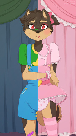 anthro band-aid bandage clean_diaper clothed clothing diaper diaper_under_clothing dress femboy green_clothing green_shirt green_topwear legwear looking_at_viewer makeup male overalls pink_clothing shirt solo split_screen stockings tail topwear wearing_diaper merunyaa canid canine mammal 9:16 hi_res