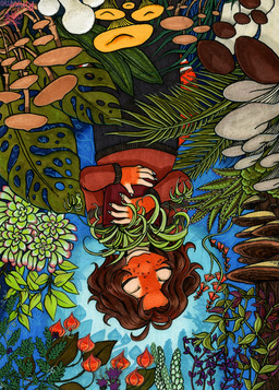 anthro clothed clothing female fungus grass hair mushroom plant smile solo spots tail rinkamo eublepharid gecko leopard_gecko lizard reptile scalie 2025 absurd_res hi_res painting_(artwork) signature traditional_media_(artwork) traditional_painting_(artwork)