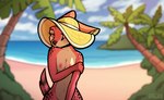 2019 anthro beach black_spots breasts canid clothing cloud day detailed_background digital_media_(artwork) female front_view fur hand_on_arm hat hat_only headgear headgear_only headwear headwear_only looking_at_viewer mammal mostly_nude nipples one_eye_obstructed orange_body orange_eyes orange_fur outside palm_tree phluks plant romantic romantic_ambiance sea seaside shy sky solo spots straw_hat tree water