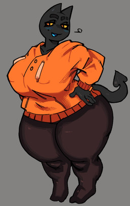 anthro big_breasts black_body black_ears black_tail breasts clothed clothed_anthro clothed_female clothing curvy_figure drawstring_topwear eyebrow_slit eyebrows female female_anthro fingers front_view grey_background hand_on_hip huge_thighs legwear markings mole_(marking) mole_under_eye open_mouth open_smile orange_clothing orange_topwear overweight overweight_anthro overweight_female simple_background smile solo spade_tail tail thick_eyebrows thick_thighs topwear yellow_sclera redactedinlight beth_(redactedinlight) domestic_cat felid feline felis mammal 2023 digital_drawing_(artwork) digital_media_(artwork) english_description full-length_portrait hi_res portrait