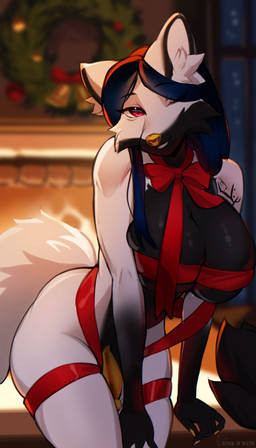 anthro big_breasts black_body black_fur blue_hair bow_ribbon breasts cheek_tuft christmas_decorations claws eyelashes facial_tuft fur genitals gynomorph hair half-erect inner_ear_fluff inside intersex long_hair looking_at_viewer one_eye_closed penis red_bow red_eyes red_ribbon ribbon_only smile smiling_at_viewer snout solo tail tuft white_body white_fur yellow_claws yellow_nose yellow_penis kysokofwater agatha_vulpes canid canine mammal 2024 absurd_res colored colored_sketch digital_drawing_(artwork) digital_media_(artwork) hi_res shaded sketch