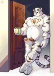 anthro balls belly biceps bodily_fluids coffee_mug crossed_legs deltoids door doorway dripping erection eyewear foreskin genital_fluids genitals glans glasses heart_symbol heterochromia in_doorway inside leaning looking_at_viewer male manly musclegut muscular navel nipples pecs penis precum precum_drip pubes retracted_foreskin slightly_chubby smile smiling_at_viewer solo steam triceps vein veiny_penis lomlynx felid mammal pantherine tiger 2024 absurd_res hi_res