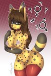 anthro areola breasts brown_hair clothed clothing collar copyright_symbol eyewear female genitals glasses hair legwear long_ears long_hair mostly_nude navel nipples pussy raised_tail seductive simple_background solo spots symbol tail thigh_highs yellow_body chainilla felid feline mammal serval absurd_res hi_res