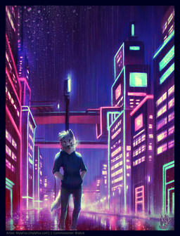 anthro black_border black_nose blep blue_clothing blue_hair blue_hoodie blue_topwear border bottomwear building clothed clothing fur glistening glistening_eyes grey_bottomwear grey_clothing grey_pants hair hands_in_both_pockets hoodie looking_at_viewer male outside pants pink_eyes raining reflection solo standing street street_lamp text tongue tongue_out topwear white_body white_fur white_hair mylafox canid mammal 2019 dated hi_res signature url