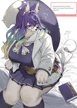 anthro big_breasts biped breasts clothed clothing duo ear_piercing eyewear fainted female fur glasses hair kemono male male/female on_lap overweight overweight_female piercing pose purple_eyes purple_hair sitting sitting_on_another sitting_on_lap text unconscious_male white_body white_fur worried worried_face worried_for_other mamemochi_hobby lifewonders tokyo_afterschool_summoners hecate_(tas) canid canine canis domestic_dog mammal 2026 absurd_res colored detailed digital_drawing_(artwork) digital_media_(artwork) english_text hi_res portrait shaded three-quarter_portrait