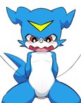 ambiguous_gender blue_body blush bodily_fluids embarrassed featureless_crotch hands_behind_back markings red_eyes restrained solo tears young shoru bandai_namco digimon digimon_(species) scalie veemon hi_res