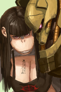 alternative_fashion anthro big_breasts black_hair body_writing breasts camisole cleavage clothed clothing collar crop_top duo ear_piercing facial_piercing female fur glowing glowing_eyes goth green_background grey_body grey_fur hair labret_piercing lip_piercing lip_ring long_hair midriff piercing pointy_breasts purple_eyes ring_piercing shirt simple_background smile spiked_collar spikes toothy_grin topwear redustheriotact gundam mobile_suit_gundam ams-119_geara_doga beth_(redustheriotact) haplorhine mammal monkey primate 2025 hi_res
