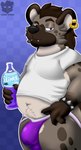 anthro belly belly_hair beverage bodily_fluids body_hair bracelet brown_body brown_fur bulge claws clothed clothing ear_piercing eyebrows fur genital_fluids hand_on_hip jewelry jockstrap looking_at_viewer male navel overweight pawpads piercing precum precum_in_underwear presenting purple_clothing purple_jockstrap purple_underwear raised_clothing raised_eyebrow red_eyes seductive slightly_chubby solo teeth thick_thighs underwear wet wet_clothing woofington_gator sabi_(woofington_gator) canid canine hyena mammal hi_res