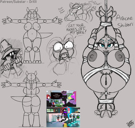 4_arms anthro bdsm beak big_breasts blue_eyes bondage bound bow_tie breasts eyewear female genitals glasses huge_breasts living_hair multi_arm multi_limb nipples non-mammal_breasts nude open_mouth pseudo_hair restraints rope rope_bondage rope_harness simple_background smile snake_hair solo tail tapering_tail text thick_tail drxii final_fantasy final_fantasy_ix kobold_quest square_enix aracne_(sonic) frieda_locke psilocybin_kobold vivi_ornitier arachnid arthropod avian bird kobold medusabold penguin reptile scalie snake spider digital_media_(artwork) english_text hi_res