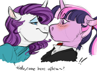anthro black_tie_(suit) blush clothing duo female female/female greeting horn inner_ear_fluff nose_to_nose simple_background suit text tuft maxiima friendship_is_magic hasbro my_little_pony mythology rarity_(mlp) twilight_sparkle_(mlp) equid equine mammal mythological_creature mythological_equine unicorn 4:3 absurd_res english_text hi_res