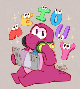 accessory alphabet anthro blush electronics grey_background group hand_on_headphones headphones headphones_around_neck holding_object holding_tablet letter looking_at_viewer male markings multicolored_body multicolored_scales necktie on_ground quadruped scales shy simple_background smile solo sparkles spikes spikes_(anatomy) spots spotted_body tablet tablet_computer text textured_background cellystars gameoverse glitch_productions gobbles_(gameoverse) animate_inanimate dinosaur mammal prehistoric_species reptile scalie 2026 artist_name signature