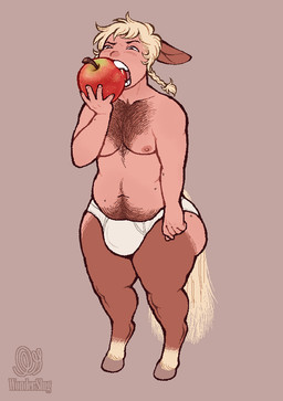 apple blonde_hair body_hair braided_hair briefs brown_body brown_fur chest_hair clothing eating eating_food food fruit fur hair half-closed_eyes happy_trail hooves male narrowed_eyes plant pubes shortstack shortstack_male simple_background solo tan_background thick_thighs underwear wide_hips wonderslug almond_(wonderslug) animal_humanoid equid equid_humanoid equine equine_humanoid horse horse_humanoid humanoid mammal mammal_humanoid miniature_horse