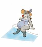 anthro arm_support belly big_belly biped clothed clothing eyewear female food fur glasses grey_body grey_fur hat headgear headwear long_ears one-piece_swimsuit pawpsicle popsicle pregnant pregnant_anthro pregnant_female simple_background sitting solo swimming_pool swimwear water white_background quib disney zootopia judy_hopps lagomorph leporid mammal rabbit 2018 hi_res