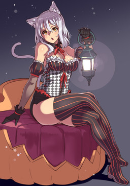 :o armwear bare_shoulders big_breasts black_clothing black_gloves black_handwear blush boots breasts cat_tail cleavage clothed clothing crossed_legs detached_sleeves elbow_gloves female footwear gloves grey_hair hair handwear lamp lantern legwear looking_at_viewer open_mouth pattern_clothing pattern_legwear shirt_collar shoes sitting solo striped_clothing striped_legwear stripes yellow_eyes houtengeki animal_humanoid cat_humanoid domestic_cat felid felid_humanoid feline feline_humanoid felis humanoid mammal mammal_humanoid hi_res