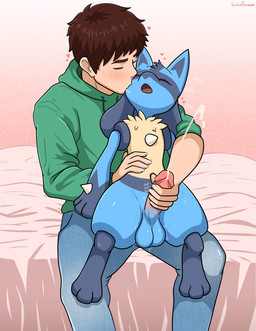 anthro balls black_body black_fur blue_body blue_fur blush bodily_fluids bottomwear brown_hair clothed clothing cum cumshot duo ejaculation erection eyes_closed fur genital_fluids genitals hair handjob human_on_anthro humanoid_genitalia humanoid_penis interspecies kissing larger_human male male/male male_anthro male_human male_on_anthro male_on_human nude penile penis pokephilia sex size_difference smaller_anthro topwear lucaforever nintendo pokemon generation_4_pokemon human lucario mammal pokemon_(species) 2025 hi_res
