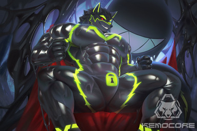 abs anthro balls barazoku biceps big_muscles big_pecs bodily_fluids erection fur genital_fluids genitals green_highlights grin highlights_(coloring) latex latex_body liquid_latex lock_bulge logo low-angle_view male muscular muscular_anthro muscular_male null_bulge pecs red_eyes smile solo solo_focus toothy_grin kult2k canid canine canis mammal 3:2 hi_res