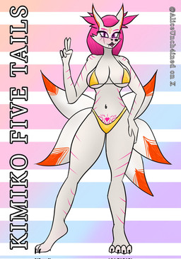 4_toes 5_fingers 5_tails anthro bikini breasts cleavage clothed clothing exposed exposed_breasts exposure_variation feet female fingers fur gesture hair hand_gesture multi_tail navel nipple_outline nipple_slip nipples pink_hair pubic_tattoo solo swimwear tail tattoo toes triangle_bikini two-piece_swimsuit under_boob v_sign white_body white_fur womb_tattoo aliceunch4ined asian_mythology east_asian_mythology epic_games fortnite japanese_mythology mythology kimiko_five-tails canid canine fox fox_spirit mammal mythological_canine mythological_creature yokai 2026 digital_media_(artwork) hi_res