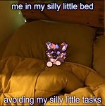 anthro bed bedding fur furniture hair horn open_mouth open_smile pillow smile solo text under_covers cocodrops_(artist) me_in_my_silly_little_bed draw_over english_text meme