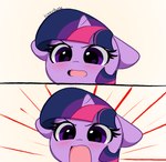 2_panel_comic bangs blush cute_fangs eyelashes fangs female hair horn open_mouth purple_body purple_eyes purple_hair teeth kittyrosie angry_noises friendship_is_magic hasbro my_little_pony mythology twilight_sparkle_(mlp) equid equine mammal mythological_creature mythological_equine unicorn absurd_res comic hi_res meme