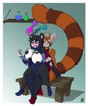 anthro bench blush breast_expansion breasts clothing duo expansion female female/female fluffy fluffy_tail hug muscular potion sitting tail torn_clothing lunarspy shi_yu_(lunarspy) ymalke_(yusarie) ailurid bear giant_panda humanoid mammal red_panda hi_res herm_(lore)