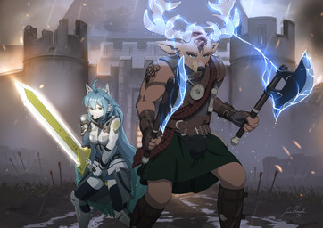 anthro antlers axe blue_hair breasts brown_body brown_fur duo electricity female fur glowing_weapon hair horn lightning male melee_weapon standing sword weapon white_body white_fur jecbrush andrew_macgowan celes_traydor canid canine canis deer mammal wolf hi_res