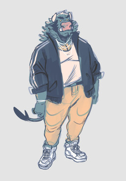 anthro beard bracelet clothed clothing ear_piercing eyebrows facial_hair fur grumpy hair horn jewelry male necklace piercing solo tail teeth juicestandmango gup bovid bovine cattle humanoid hybrid mammal orc hi_res