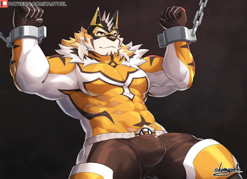 abs anthro bdsm bondage bound bulge captured chain chained cheek_tuft clothing cuff_(restraint) eyebrows facial_tuft male mask metal_cuffs muscular muscular_anthro muscular_male muscular_sub neck_tuft pecs restrained restraints shackles solo spandex submissive submissive_anthro submissive_male superhero tight_clothing tuft kamyuelo lifewonders live_a_hero ryekie_(live_a_hero) felid mammal pantherine tiger shaded