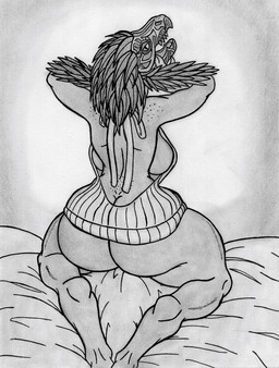 anthro beak bed big_breasts big_butt breasts butt clothing digitigrade feather_hair feathered_crest feathers female furniture hand_behind_head head_crest kneeling looking_at_viewer looking_back looking_back_at_viewer non-mammal_breasts on_bed open_mouth pseudo_hair pupils side_boob slit_pupils solo sweater tongue tongue_out topwear virgin_killer_sweater bluenova11 halo_(series) meme_clothing microsoft xbox_game_studios sil_ver alien avian kig-yar scalie t'vaoan meme monochrome traditional_media_(artwork)