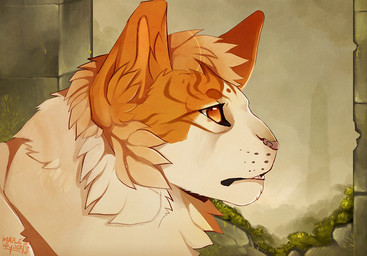 ambiguous_gender circle_eyebrows detailed_background eyebrows feral fur markings orange_body orange_eyes orange_fur patch_(marking) pink_nose solo striped_markings stripes teeth text white_body white_fur maplespyder warriors_(book_series) fan_character stallionblaze domestic_cat felid feline felis mammal tabby_cat 2015 artist_name colored digital_media_(artwork) digital_painting_(artwork) painting_(artwork) shaded soft_shading