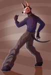 abstract_background anthro bared_teeth blue_clothing blue_topwear bottomwear brown_body clothed clothing facial_markings fangs grey_bottomwear grey_clothing grey_pants head_markings male markings pants rear_view red_eyes red_markings solo standing teeth topwear imperatorcaesar canid canine mammal hi_res