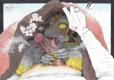 accessory anthro anthro_focus areola bed big_areola big_breasts black_border blue_eyes blush blush_lines bodily_fluids border bottomless bottomless_anthro bottomless_female breasts brown_penis censored_genitalia censored_penis claws clothed clothing darkened_genitalia darkened_penis duo ears_down egyptian egyptian_clothing egyptian_headdress erection excessive_sweat exclamation_point faceless_character faceless_human faceless_male female female_anthro female_focus first_person_view fur furniture genital_fluids genitals glans grey_body grey_fur heart_symbol holding_penis huge_areola human_on_anthro human_pov inside interspecies licking long_sleeves looking_at_viewer lying lying_on_bed male male/female male_human male_pov musk navel nipple_outline nipples on_back on_bed open_mouth oral outside_border penile penis penis_lick pink_glans pivoted_ears precum precum_on_penis puffy_nipples saliva saliva_on_penis saliva_on_tongue saliva_string sex shirt solo_focus speech_bubble steamy_breath surprised sweat sweaty_body tail tongue tongue_out topwear under_covers usekh vein veiny_penis wet wet_body wet_fur wet_penis white_clothing white_shirt white_topwear yellow_areola yellow_claws yellow_nipples yellow_sclera a-deru egyptian_mythology middle_eastern_mythology mythology anubis anubian_jackal canid canine canis deity fox human jackal mammal 2026 censored dated mosaic_censorship traditional_media_(artwork)
