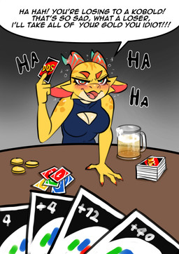 alcohol anthro beer beverage big_breasts blue_clothing blush breasts card cleavage clothed clothing coin dialogue drunk eyelashes female female_anthro first_person_view furniture gold_(metal) gold_coin horn looking_at_viewer non-mammal_breasts pupils smile speech_bubble substance_intoxication table text uno_card yellow_body pink_prawn uno rummy_(pink_prawn) kobold scalie absurd_res english_text hi_res