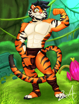 abs anthro balls_outline big_bulge biped bottomwear bulge clothed clothing detailed_background detailed_bulge fangs feet flexing flexing_bicep forest fur genital_outline hair hand_on_bulge humanoid_hands jungle loincloth long_tail looking_at_viewer male male_anthro multicolored_body multicolored_fur muscular orange_body orange_fur outside pink_nose plant plantigrade pupils ruins shrub solo stripes tail teeth tree vines white_body white_fur yellow_pupils vexter_arts the_adventures_of_kincaid felid mammal pantherine tiger absurd_res digital_media_(artwork) hi_res signature