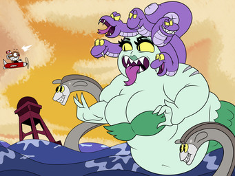 aircraft airplane belly big_belly big_breasts breasts buoy eyelashes fat_folds female feral for_a_head forked_tongue green_body green_scales green_skin grin group huge_belly larger_female living_hair male navel obese obese_female open_mouth orange_sky overweight overweight_female pie_cut_eyes pseudo_hair pupils scales sea sharp_teeth size_difference sky slit_pupils smile snake_hair teeth tongue tongue_out vehicle water yellow_sclera superspoe cuphead_(game) studio_mdhr cala_maria cuphead_(character) animate_inanimate aquatic eel fish humanoid humanoid_merfolk object_head reptile scalie snake 2017 4:3 absurd_res hi_res