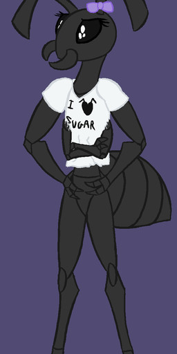 2_toes 3_fingers 4_arms antennae_(anatomy) anthro arthropod_abdomen black_body black_exoskeleton bottomless bottomless_anthro bottomless_female clothed clothing exoskeleton eyelashes featureless_crotch feet female fingers hands_on_own_hips mouth_closed multi_arm multi_limb purple_background purple_bow shirt shirt_only simple_background solo standing t-shirt t-shirt_only toes topwear topwear_only spezza ant arthropod hymenopteran insect 2017 digital_drawing_(artwork) digital_media_(artwork) hi_res