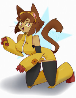 anthro breasts brown_hair claws clothed clothing eyebrows eyewear eyewear_on_head female goggles goggles_on_head hair kneeling looking_at_viewer medium_breasts open_mouth open_smile short_hair smile solo suit teeth tongue whiskers yellow_clothing yellow_suit waqwaq gameoverse glitch_productions kit_bodega felid feline mammal hi_res
