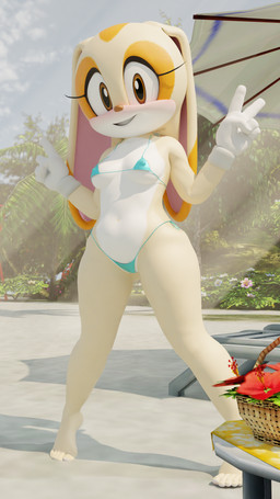 anthro beach bikini blush breasts clothing embarrassed female flower gesture hand_gesture micro_bikini nipple_outline plant solo swimwear two-piece_swimsuit v_sign twintails3d sega sonic_the_hedgehog_(series) cream_the_rabbit lagomorph leporid mammal rabbit 2025 3d_(artwork) 4k 9:16 absurd_res digital_media_(artwork) hi_res