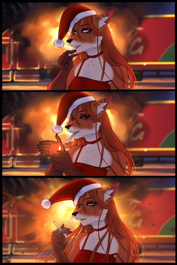 5_fingers anthro biped breasts cigarette claws clothed clothed_anthro clothed_female clothing countershade_torso countershading female fingers fire front_view fur hair hat headgear headwear outside smoke solo monian canid canine fox mammal 2:3 absurd_res comic hi_res