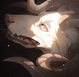 ambiguous_form ambiguous_gender black_background fur grey_horn grey_nose horn object_in_mouth open_mouth simple_background solo teeth whiskers white_body white_eyes white_fur justkiddinb canid canine mammal hi_res